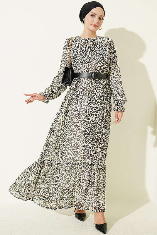 Robe Écru À Col Rond Imprimé Léopard