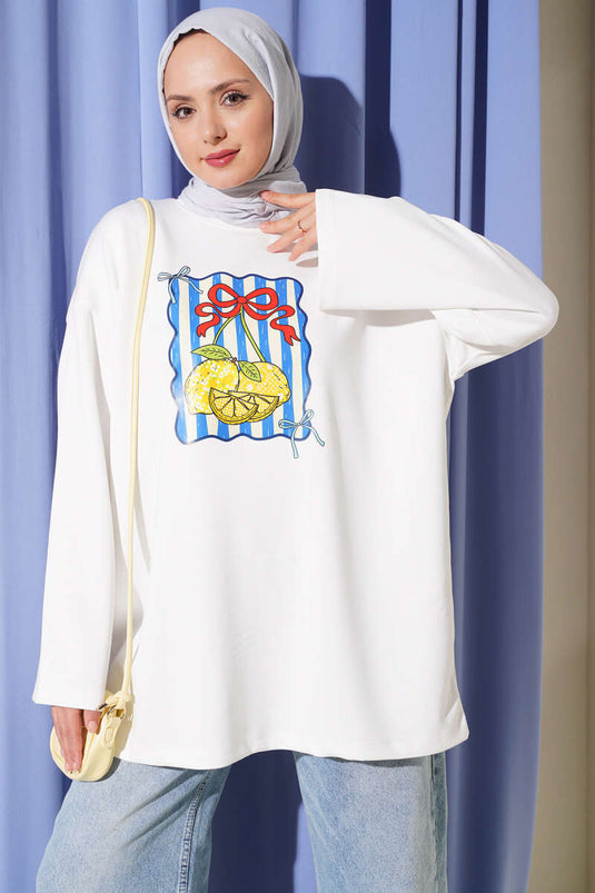 Lemon Print Crew Neck Tunic In Ecru