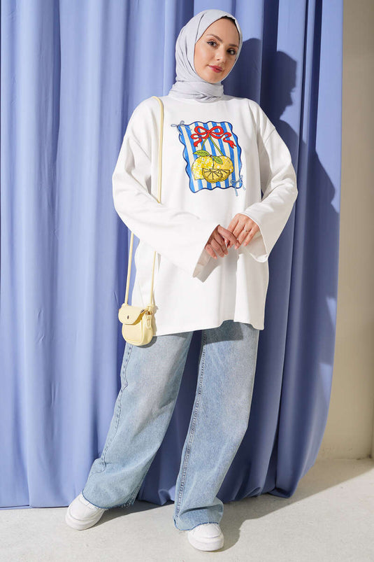 Lemon Print Crew Neck Tunic In Ecru
