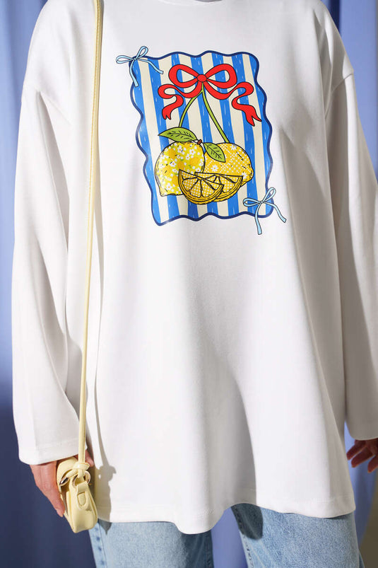 Lemon Print Crew Neck Tunic In Ecru