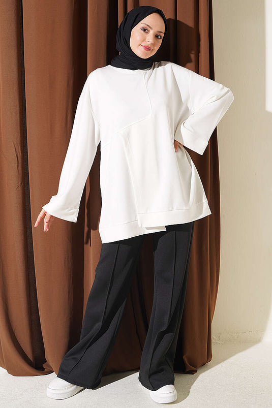 White Round Neck Loysha Tunic With Slit