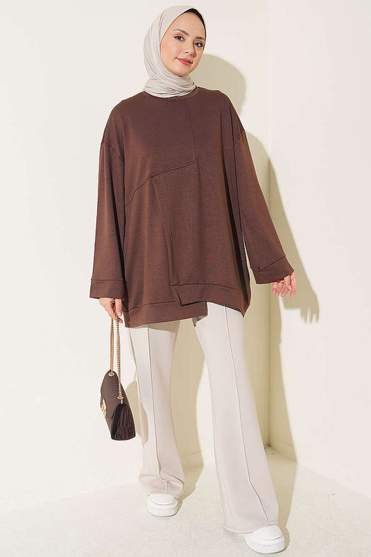 Coffee Long Sleeve Tunic With Side Slit