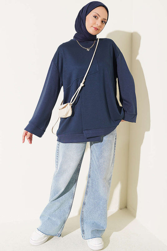 Navy Blue Round Neck Tunic With Side Slit
