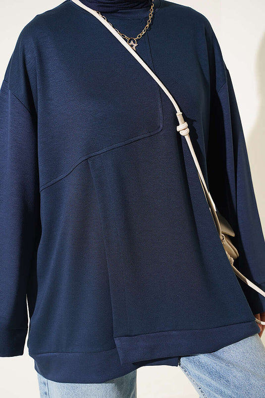 Navy Blue Round Neck Tunic With Side Slit