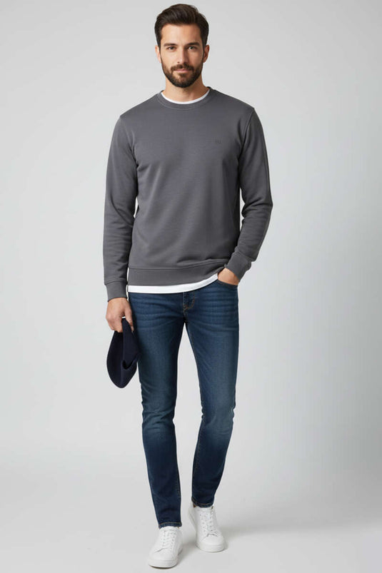 Sweat-shirt homme à col rond et poignets, gris fumée