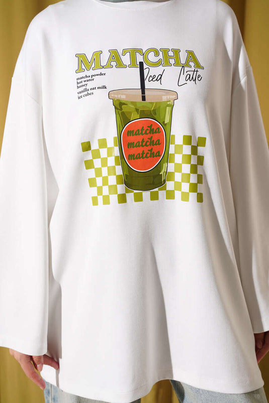 Matcha Print Bicycle Neck Tunic In Ecru