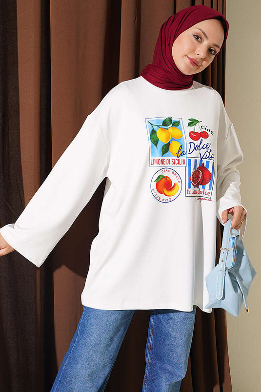Cream Fruit Print Bicycle Neck Tunic