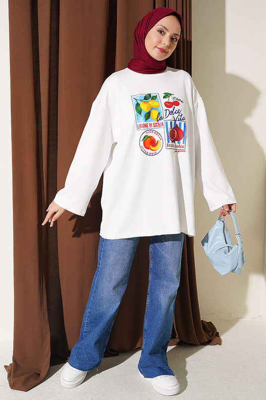 Cream Fruit Print Bicycle Neck Tunic