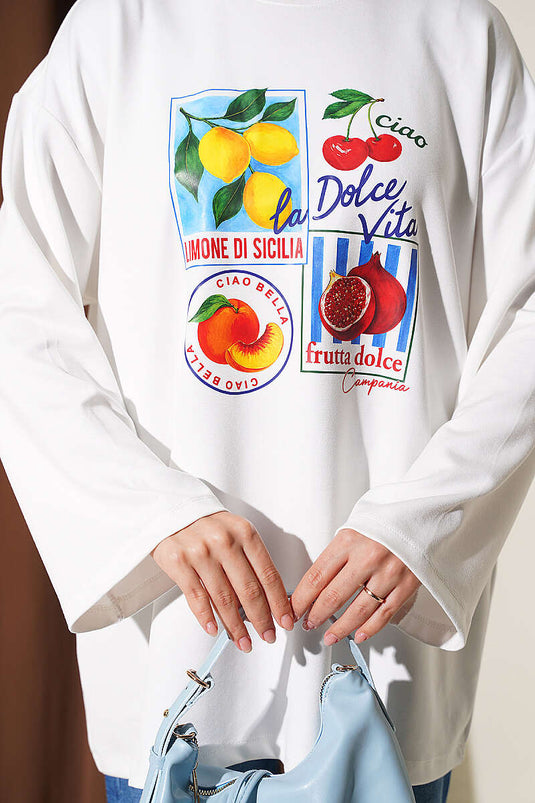 Cream Fruit Print Bicycle Neck Tunic