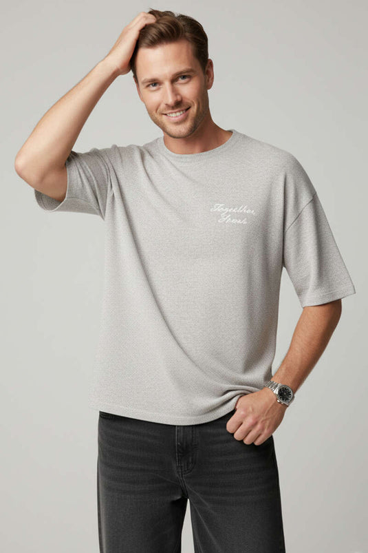 Ronde Hals Gebreid T-shirt met Borduursel Grijs