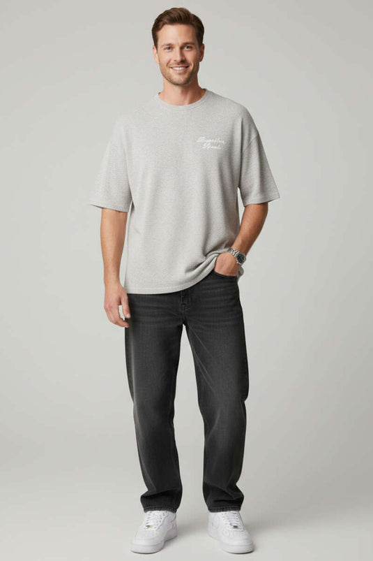 Ronde Hals Gebreid T-shirt met Borduursel Grijs