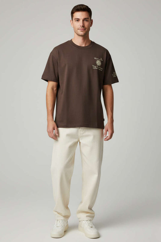 Crew Neck Embroidered Oversized T-shirt Dark Brown