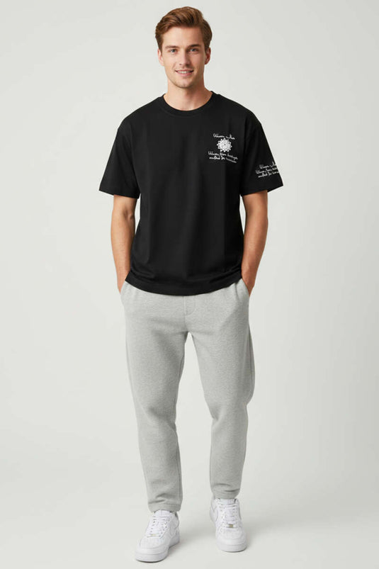 Black Oversized T-shirt with Embroidered Crew Neck