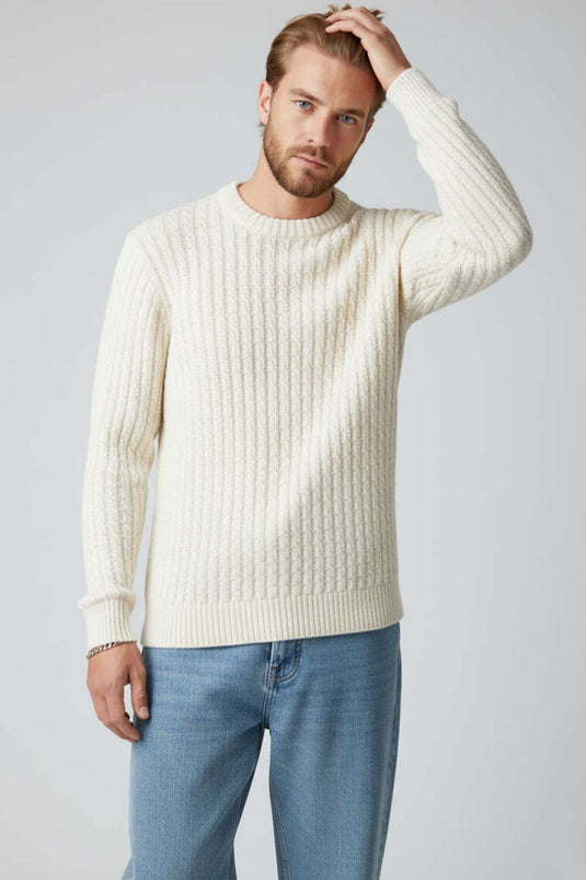 Rundhals-Strickpullover für Herren, Ecru