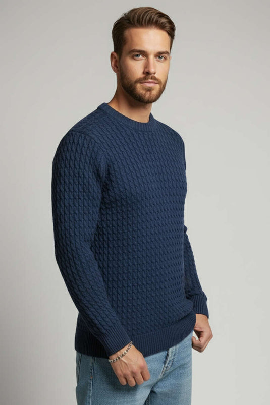 Men's Crew Neck Knitted Sweater, Navy Blue