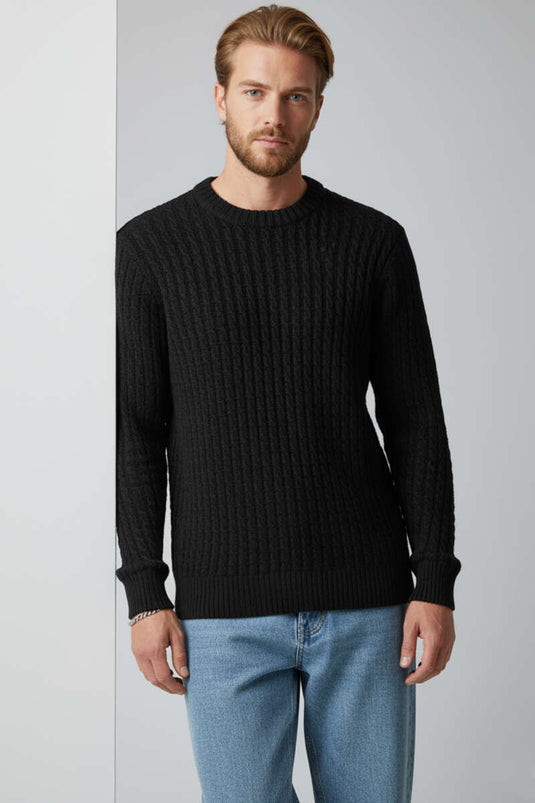Herren-Strickpullover mit Rundhalsausschnitt, Schwarz
