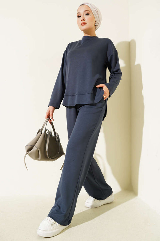 Bisiklet Yaka Oval Detaylı İkili Takım Füme