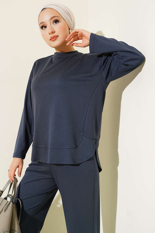 Bisiklet Yaka Oval Detaylı İkili Takım Füme