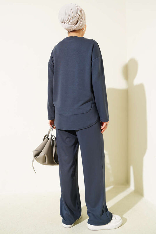 Bisiklet Yaka Oval Detaylı İkili Takım Füme