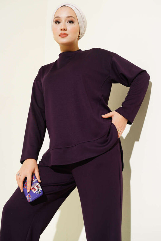 Crew Neck Oval Detailed Two Piece Suit Plum