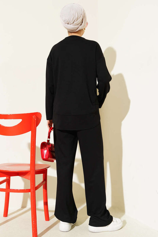 Crew Neck Oval Detailed Two Piece Suit Black