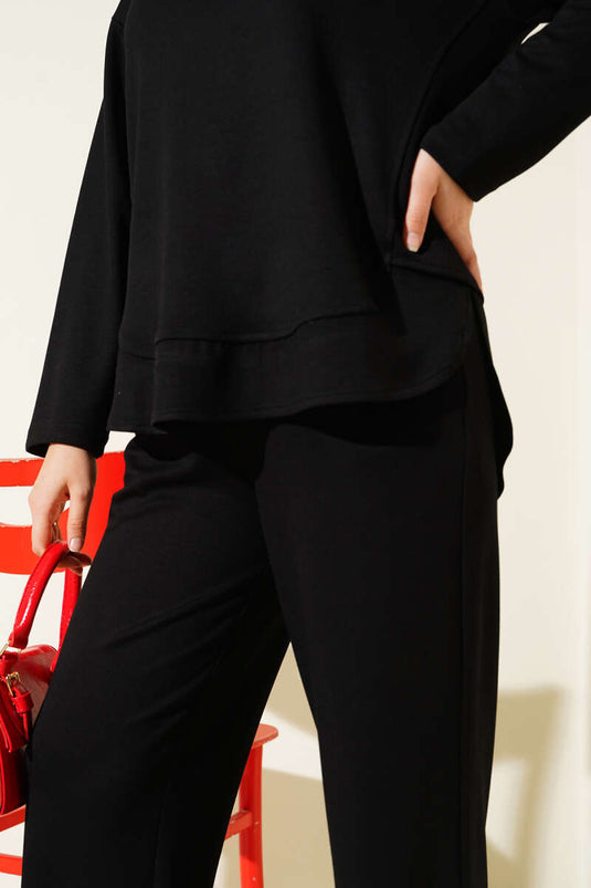 Crew Neck Oval Detailed Two Piece Suit Black