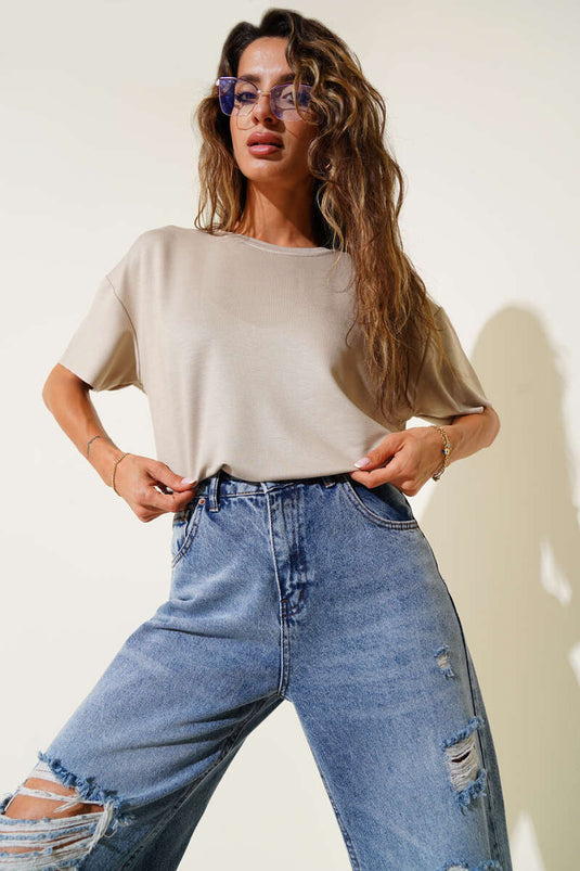 Bisiklet Yaka Oval Kesim T-shirt Bej