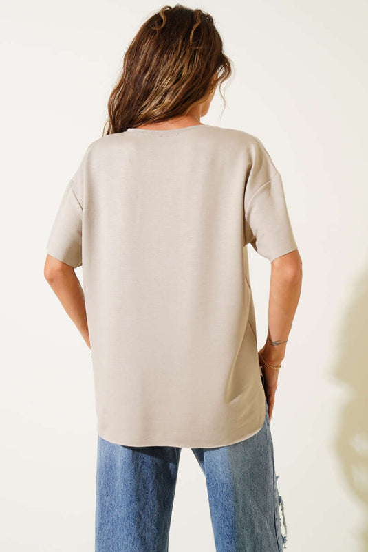 Bisiklet Yaka Oval Kesim T-shirt Bej