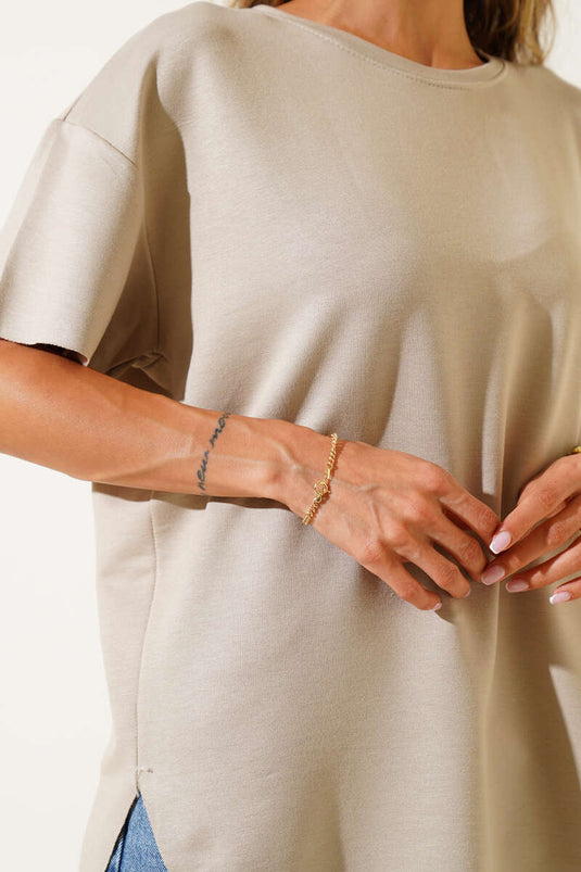 Bisiklet Yaka Oval Kesim T-shirt Bej