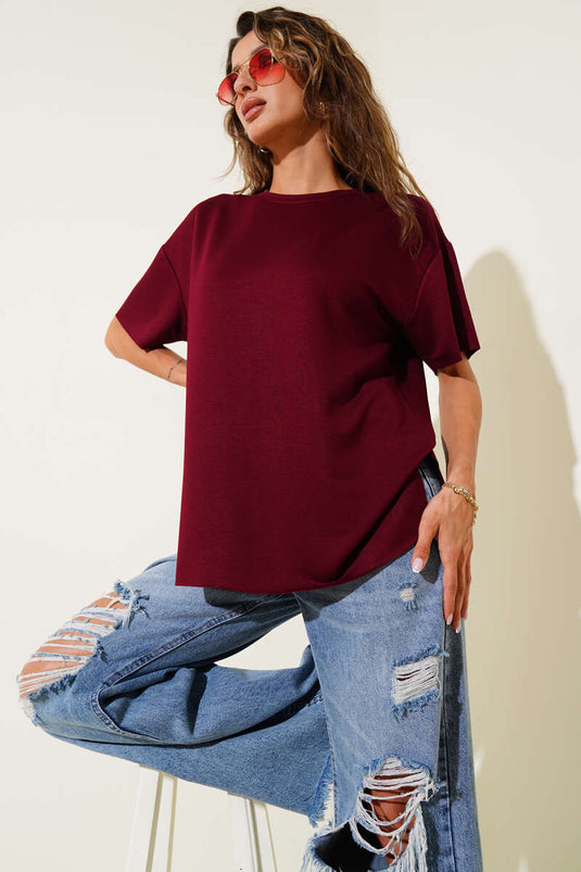 Crew Neck Oval Cut T-shirt Burgundy