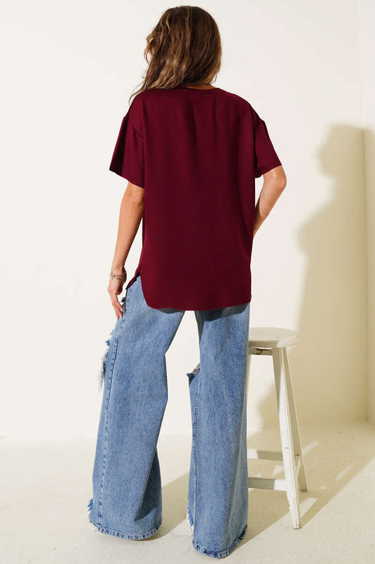 Crew Neck Oval Cut T-shirt Burgundy