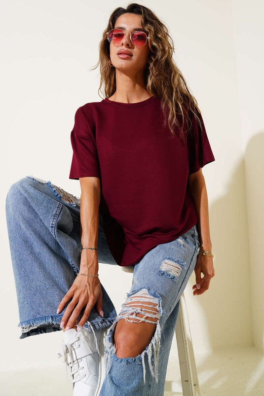 Bisiklet Yaka Oval Kesim T-shirt Bordo