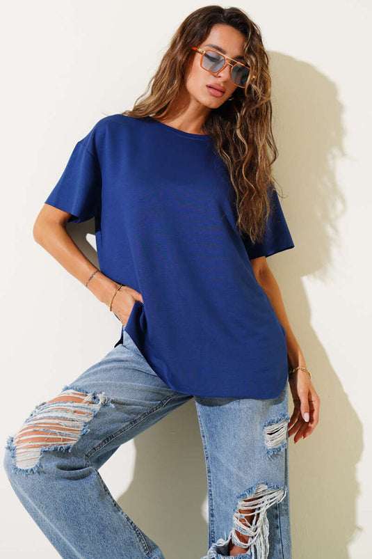 Bisiklet Yaka Oval Kesim T-shirt Indıgo