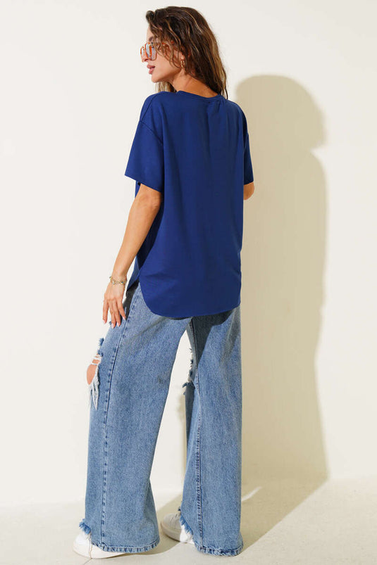 Bisiklet Yaka Oval Kesim T-shirt Indıgo