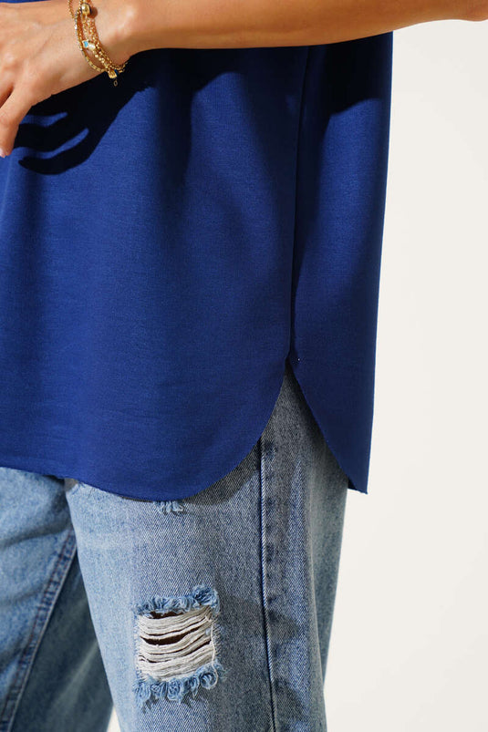 Bisiklet Yaka Oval Kesim T-shirt Indıgo