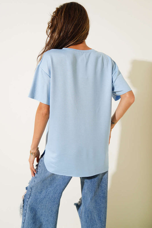 Bisiklet Yaka Oval Kesim T-shirt Mavi