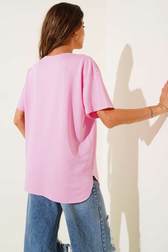 Crew Neck Oval Cut T-shirt Pink
