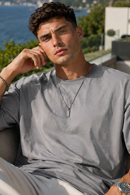 Bisiklet Yaka Oversize Erkek Basic T-shirt Füme