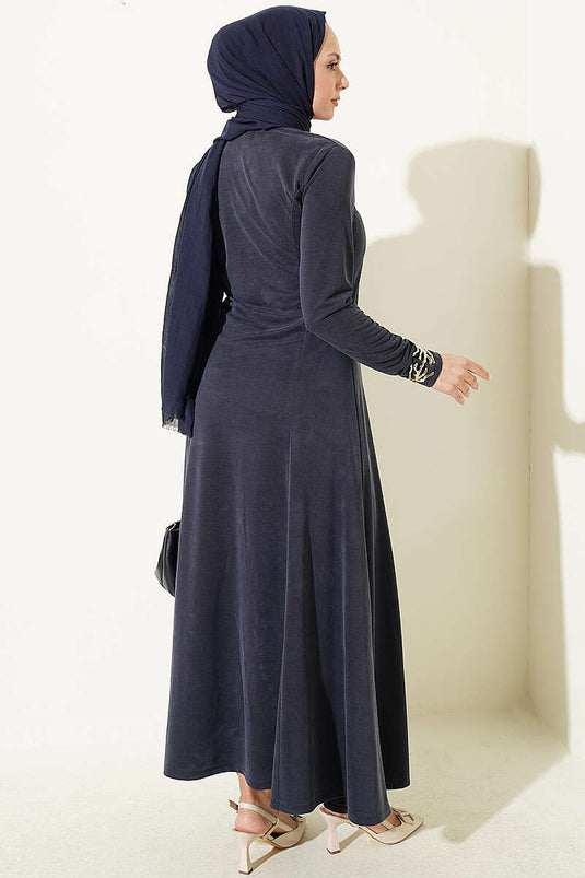 Indigo Crew Neck Dress With Pleats
