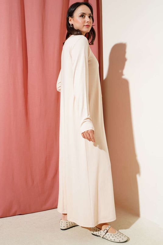 فستان من القطن الممشط بياقة دائرية، لون بيج