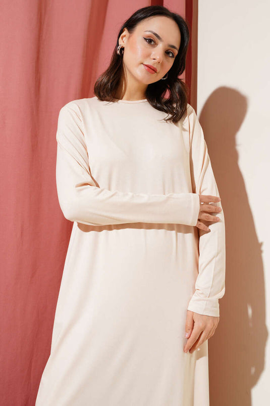 فستان من القطن الممشط بياقة دائرية، لون بيج