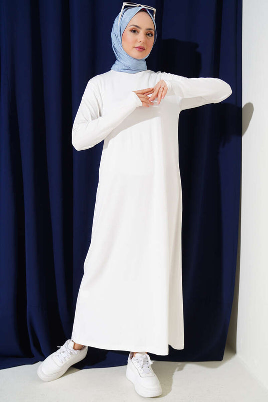 Kleid aus gekämmter Baumwolle mit Rundhalsausschnitt Weiß