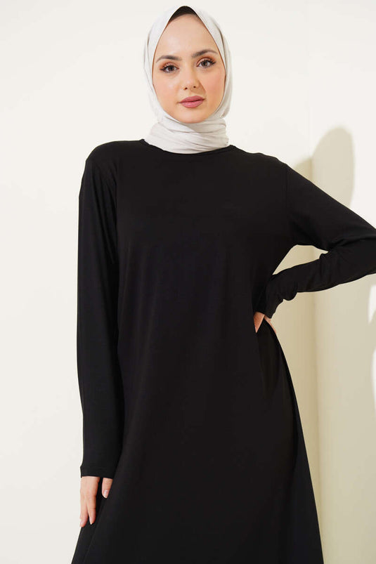 Bisiklet Yaka Penye Elbise Siyah