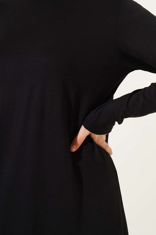 Bisiklet Yaka Penye Elbise Siyah