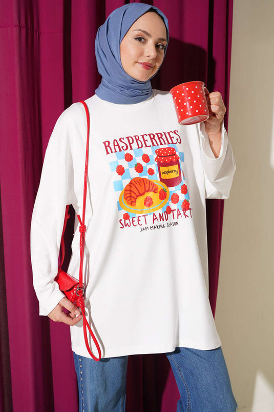 Raspberry-Muster Rundhals-Tunika In Ecru