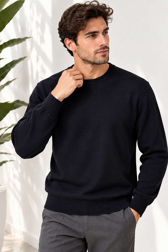 Bisiklet Yaka Ribanali Erkek Triko Kazak Lacivert