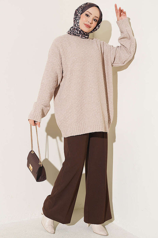 Tunique En Tricot Côtelé Beige À Col Rond