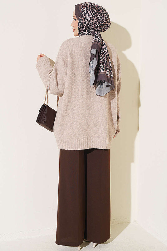 Tunique En Tricot Côtelé Beige À Col Rond