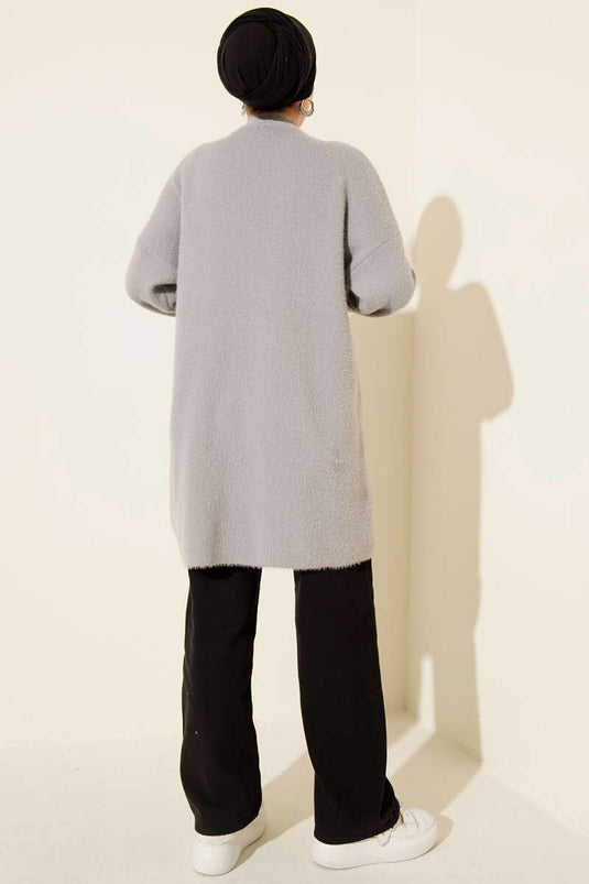 Bisiklet Yaka Sakal Detaylı Kazak Gri