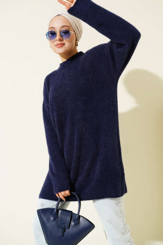 Navy Blue Crew Neck Sweater With Beard Detail